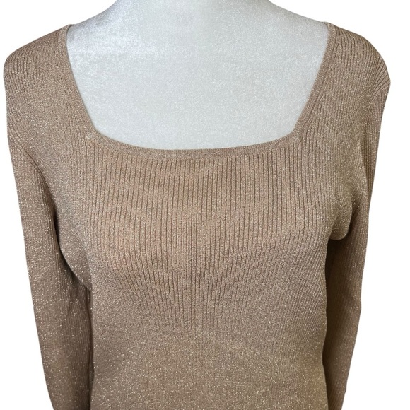VTG Y2K ios Metallic Stretch Tunic Top Ribbed Tan 3/4 Sleeve Square Neck Sz Med - Picture 2 of 7